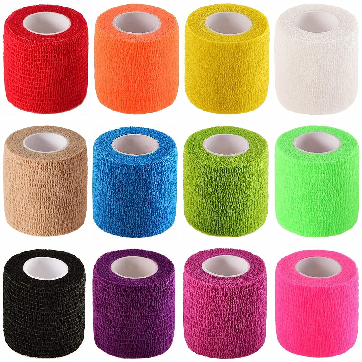 12 Pack 2 x 5 Yards Self Adhesive Elastic Bandage Wrap Stretch Self-Adherent Tape for First Aid,Sports, Wrist, Ankle (12 Colors)