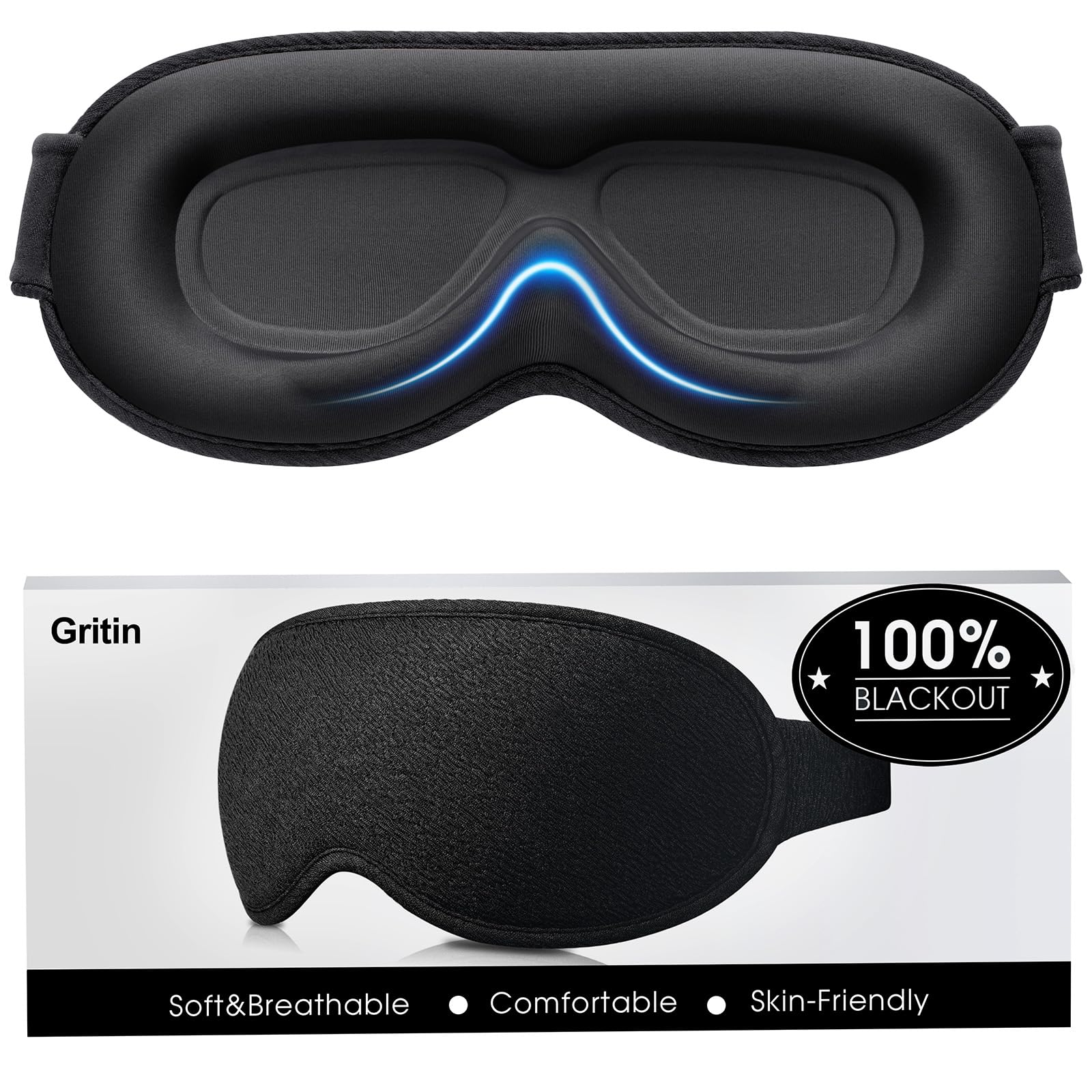 Gritin 100% Blackout Sleep Eye Mask for Women Men, Zero Pressure Sleeping Mask - Ergonomic Design 3D Cutout Eye Movement and Eye
