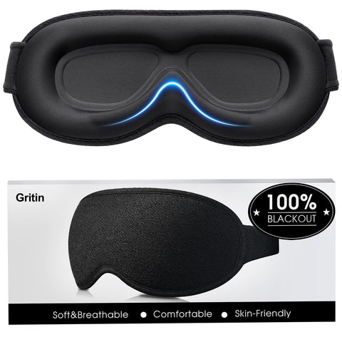 Gritin 100% Blackout Sleep Eye Mask for Women Men, Zero Pressure Sleeping Mask - Ergonomic Design 3D Cutout Eye Movement and Eye