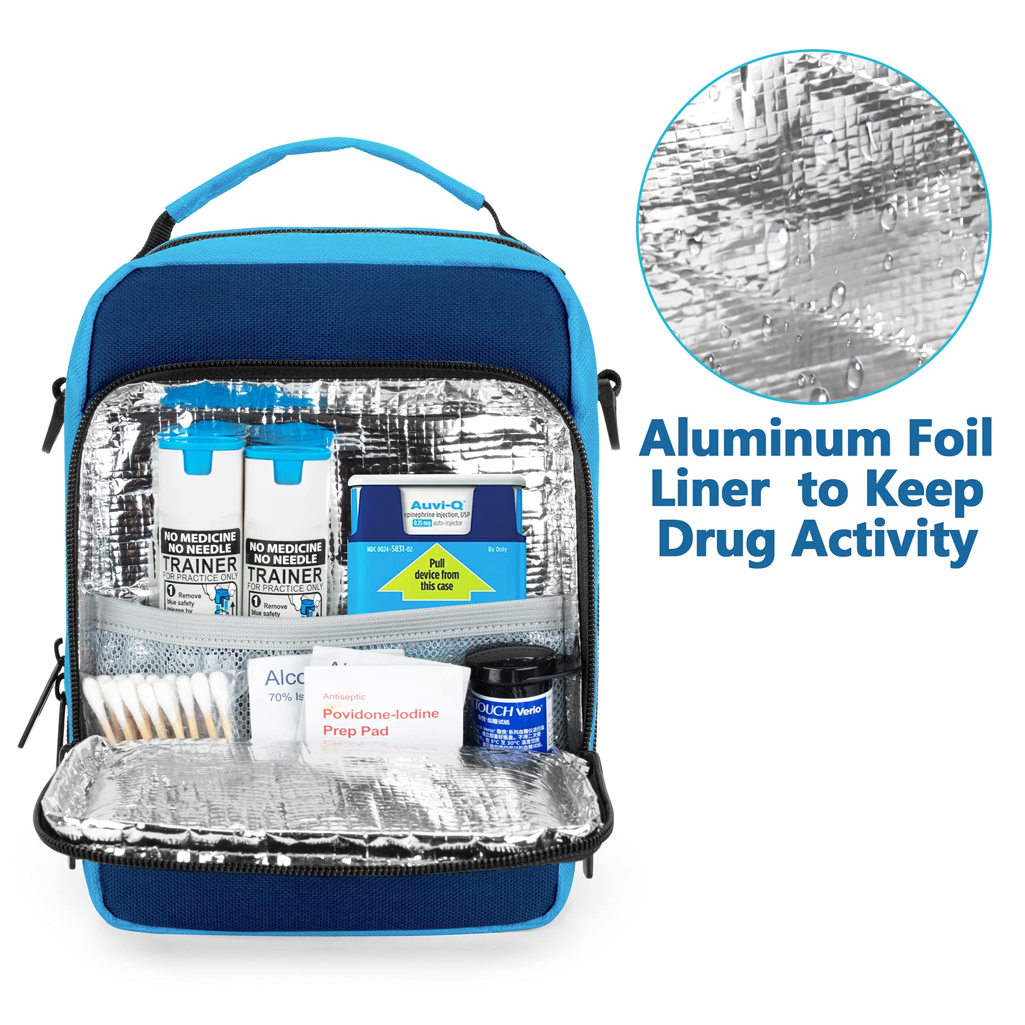 CURMIO EpiPen Carrying Case, Insulated Medicine Bag for EpiPens, Auvi-Q, Asthma Inhaler, Spacer, Blue (Bag Only, Patented Design