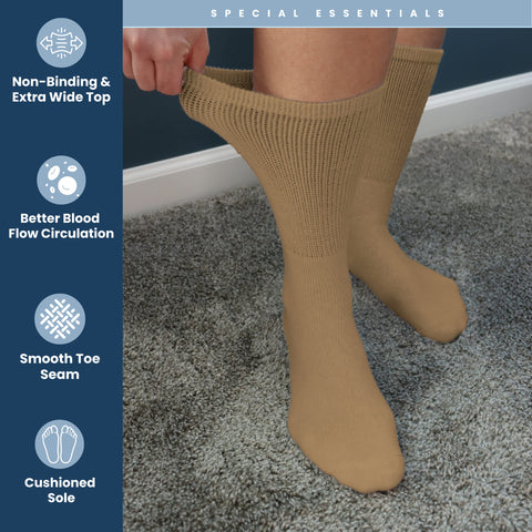 Special Essentials 12 Pairs Cotton Diabetic Socks for Men & Women - Non-Binding Extra Wide Top Neuropathy Socks - Crew Socks Kha