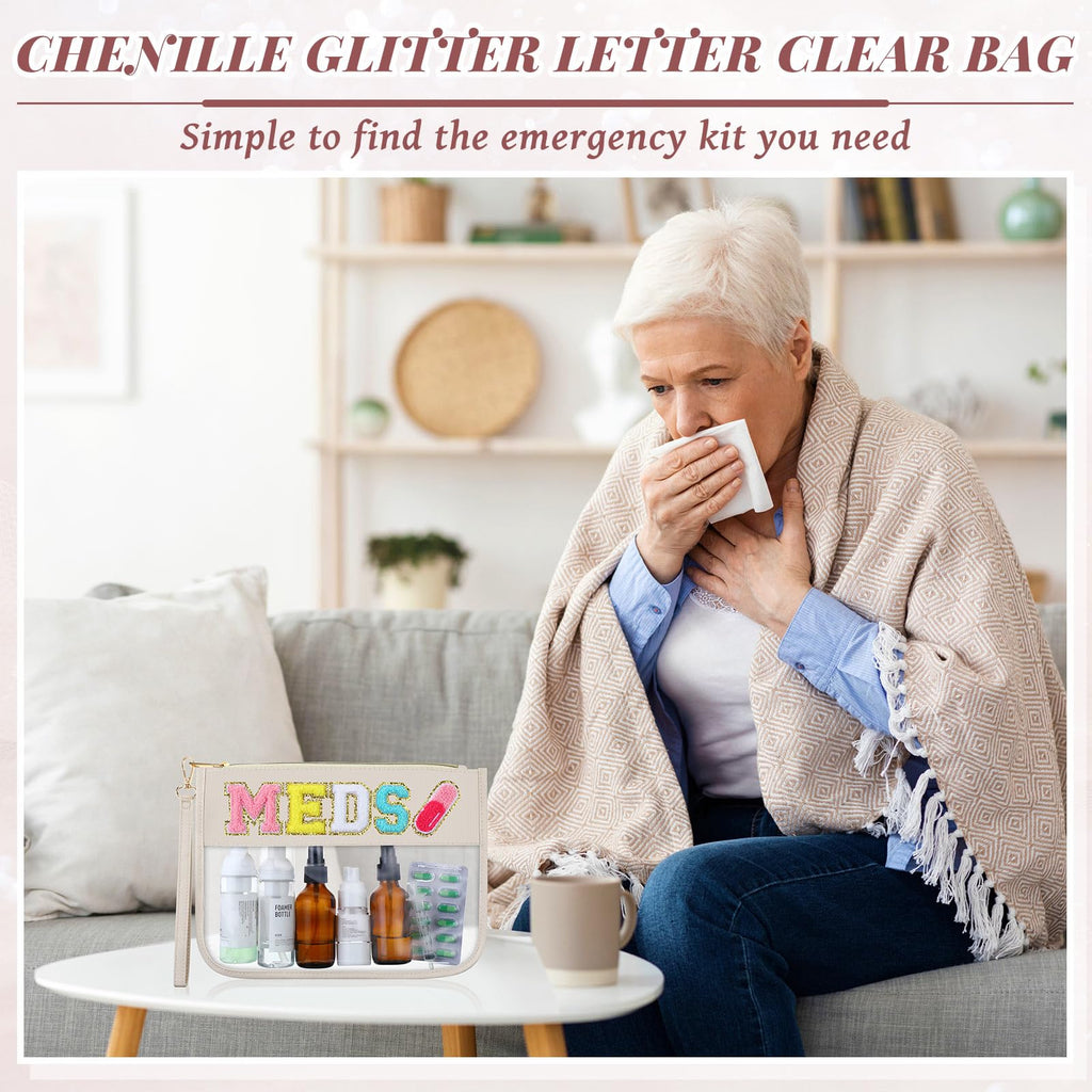 Silkfly Chenille Letter Clear Medicine Bags Makeup Meds Bag Travel First Aid Bag Nylon PVC Waterproof Zipper Tote Pouch with Han