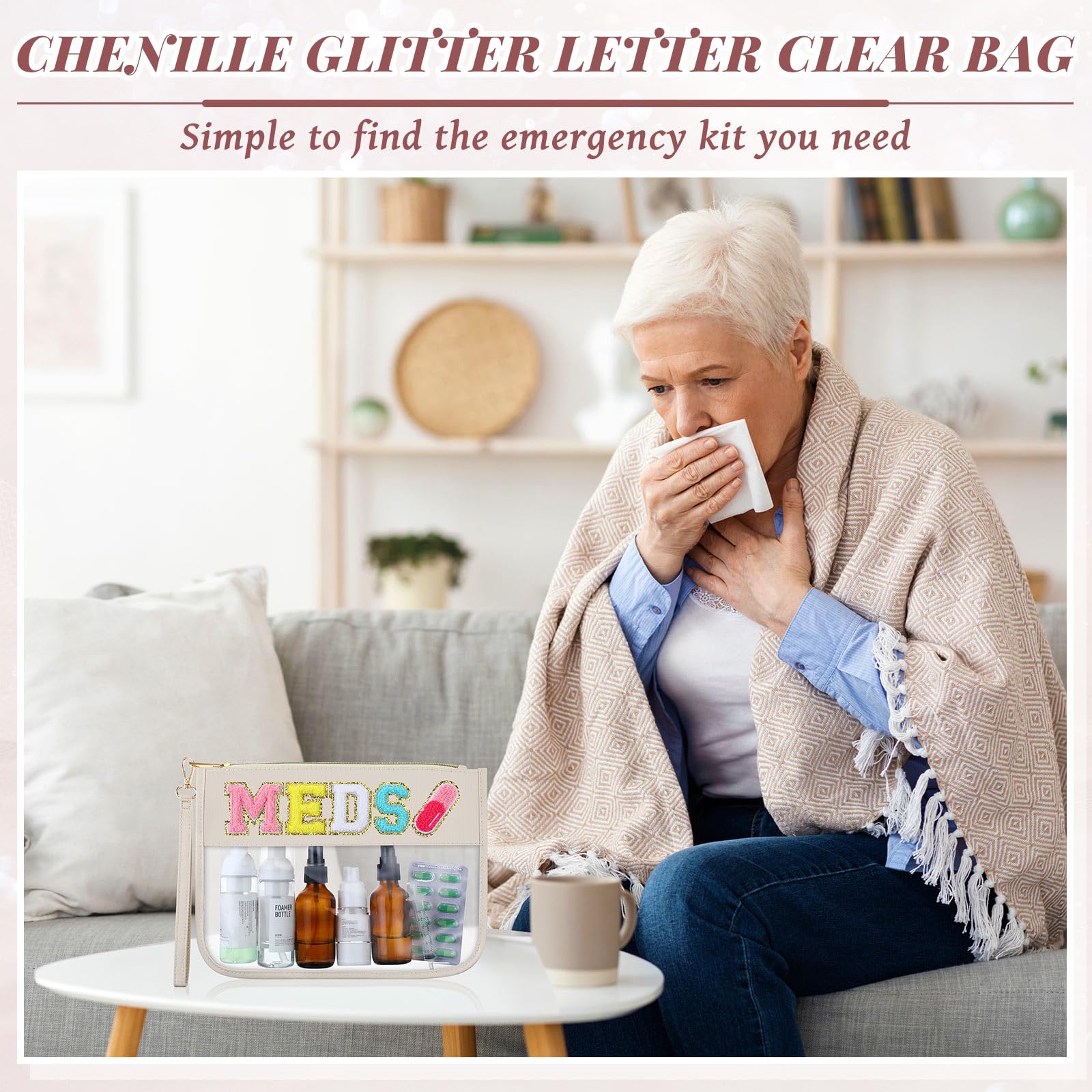 Silkfly Chenille Letter Clear Medicine Bags Makeup Meds Bag Travel First Aid Bag Nylon PVC Waterproof Zipper Tote Pouch with Han