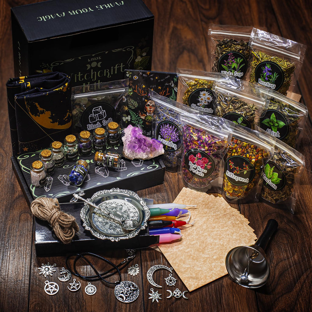 Witchcraft Supplies Kit for Spells, 56 PCS Witch Box Include Dried Herb Crystal Candles Amethyst Cluster Parchment, Wiccan Suppl