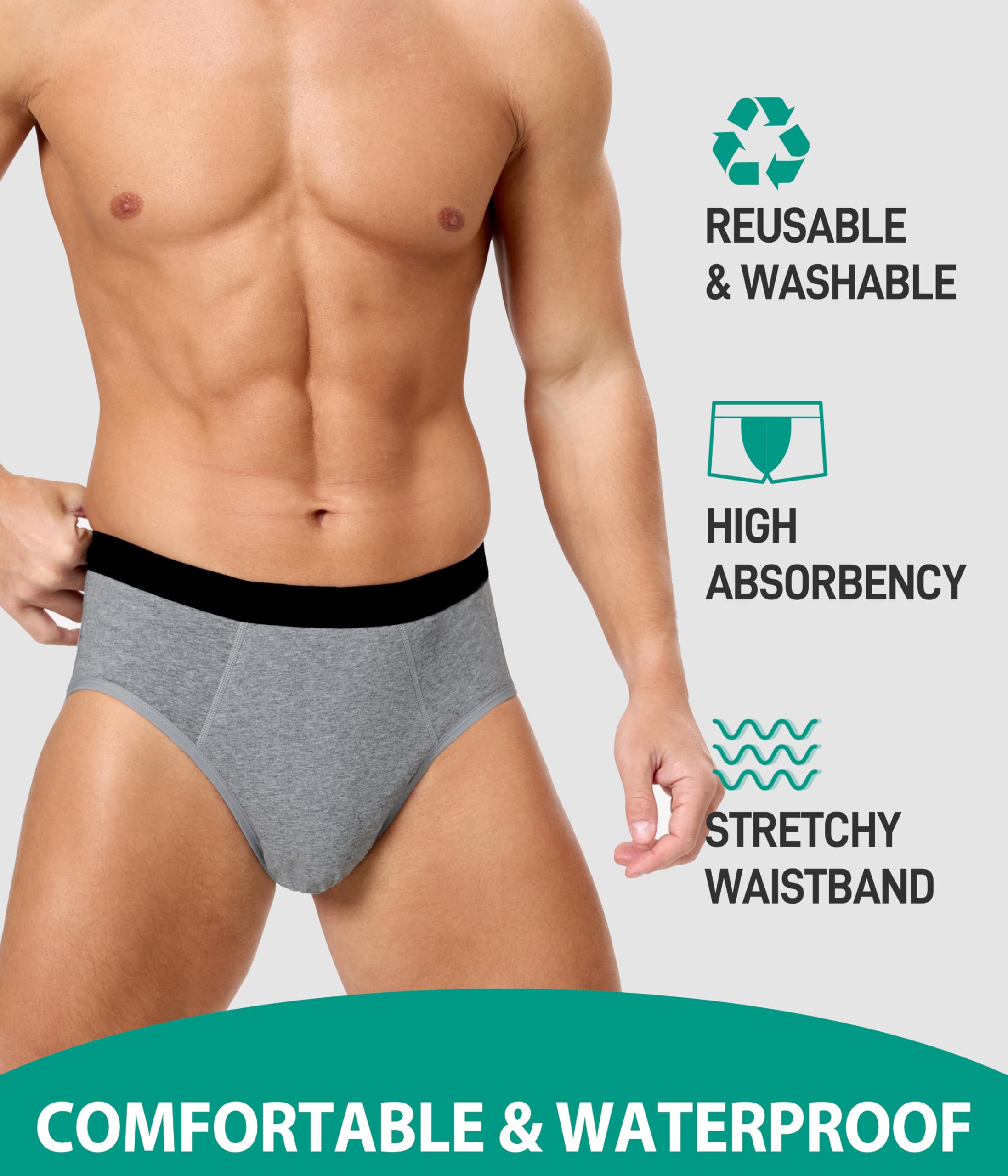 BEENIUBEE Mens Incontinence Underwear - Washable & Reusable Leakproof High Absorbent, Cotton, Briefs, 150ML 5 Pack (Multicolor0