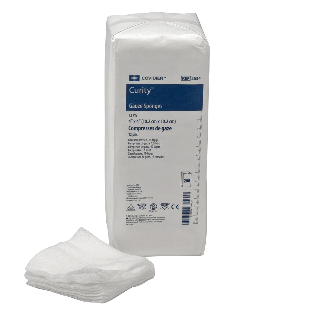 Covidien 2634 Curity Gauze Sponge, Non-Sterile, 4 x 4, 12-Ply (Pack of 200), Package may vary
