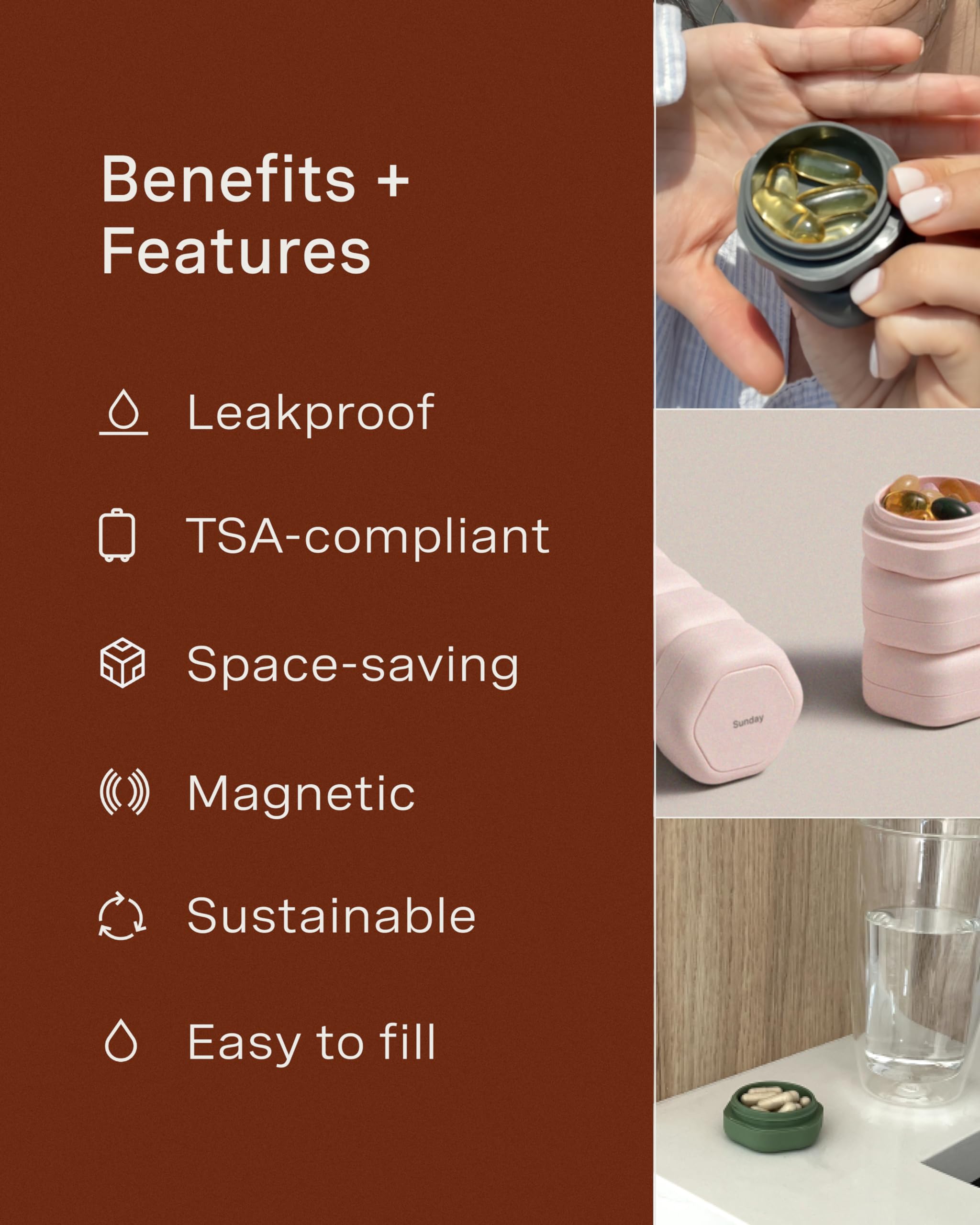 Cadence Travel Containers - Pill Case Set - Magnetic Travel Capsules - A Daily Pill Box for Supplements & Vitamins - Contains 7