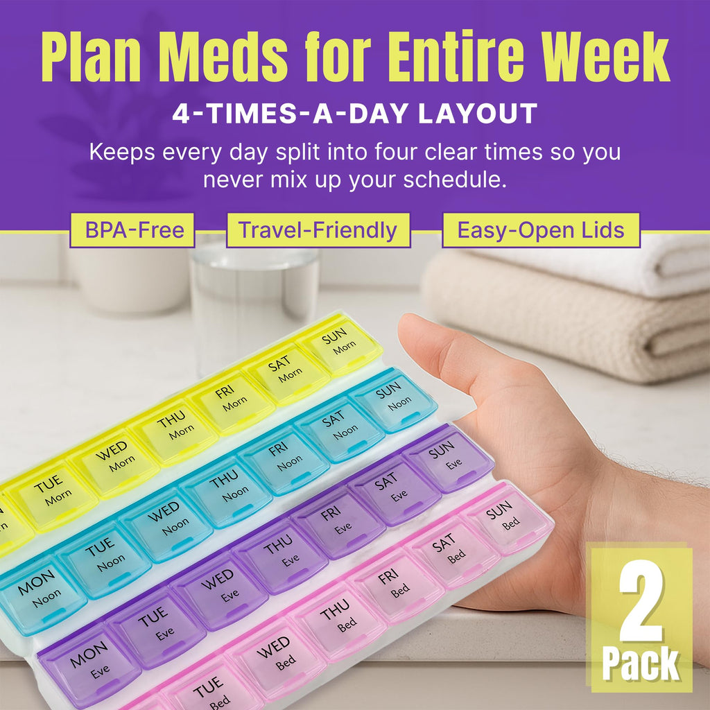 Weekly Pill Organizer - 4-Times-a-Day Pill Planner (Pack of 2) Pill Box Separates Pills & Vitamins with Daily Morning, Noon, Eve