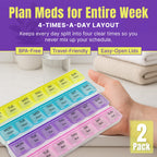 Weekly Pill Organizer - 4-Times-a-Day Pill Planner (Pack of 2) Pill Box Separates Pills & Vitamins with Daily Morning, Noon, Eve