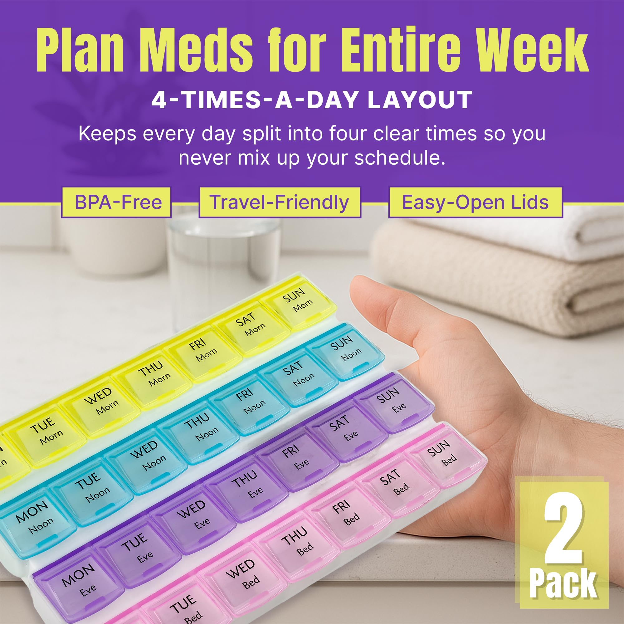 Weekly Pill Organizer - 4-Times-a-Day Pill Planner (Pack of 2) Pill Box Separates Pills & Vitamins with Daily Morning, Noon, Eve