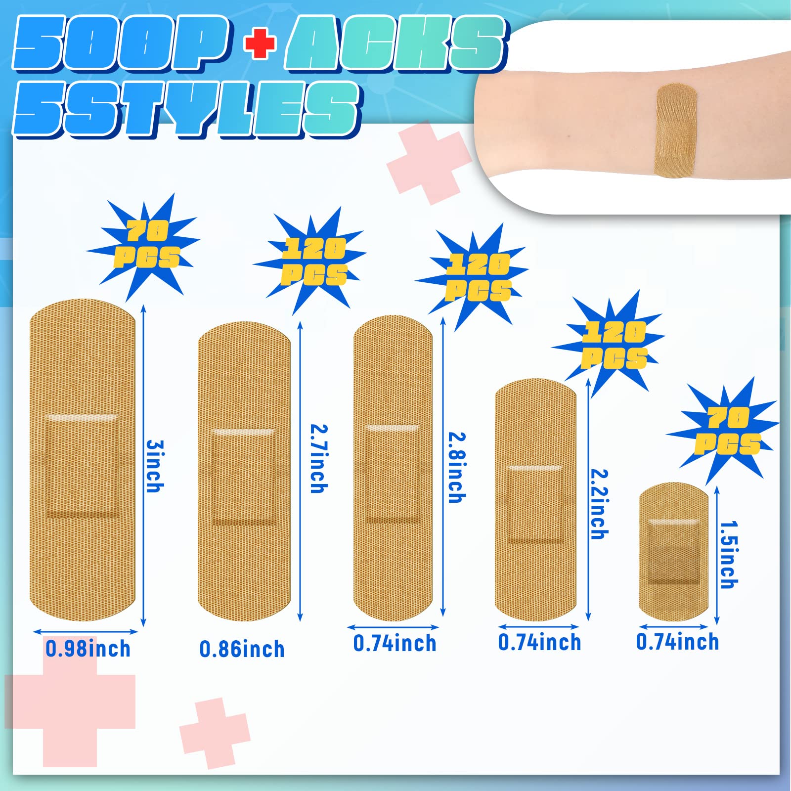 Supervitae 500 Pcs Adhesive Bandages Assorted Sizes Flexible Breathable Bandages Patch for Family First Aid Skin Wrap Finger Wou