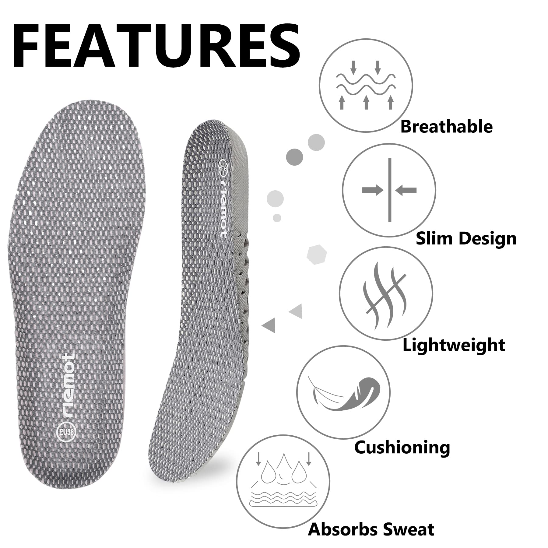 riemot 2 Pairs Shoe Insoles for Men Breathable Honeycomb Sport Inserts Soft Cushioning Running Insole Replacement Insoles for Wa