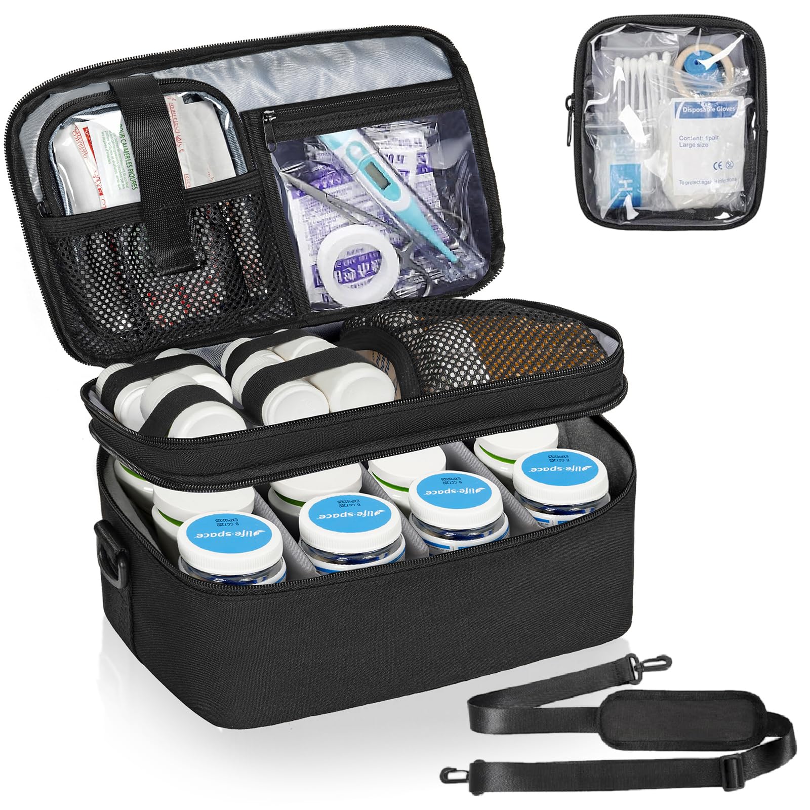 WELIDAY 2 Layers Medicine Storage Organizer Bag with Portable Pouch, Pill Bottle Organizer Case for Pills, Vitamin, Fish Oil, Lo