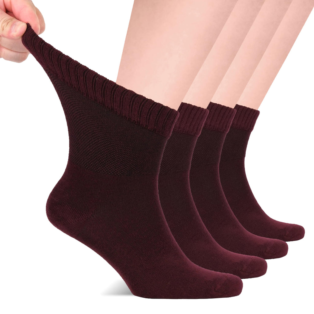 Hugh Ugoli Diabetic Socks for Men, Loose Ankle Socks Bamboo, Extra-Wide, Thin, Seamless Toe and Non-Binding Top, 4 Pairs, Burgun