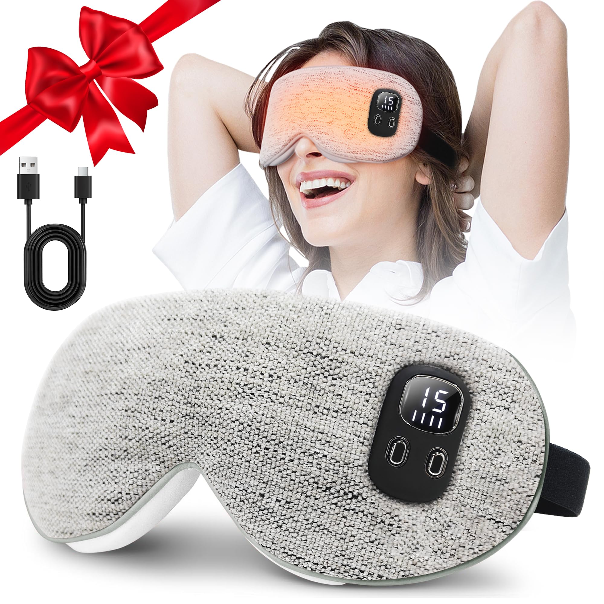 Heated Eye Mask, Cordless Rechargeable Eye Compress, Eye Relief, Improved Sleep, Washable Eye Mask, 4 Heat Levels, 4-Level Timin