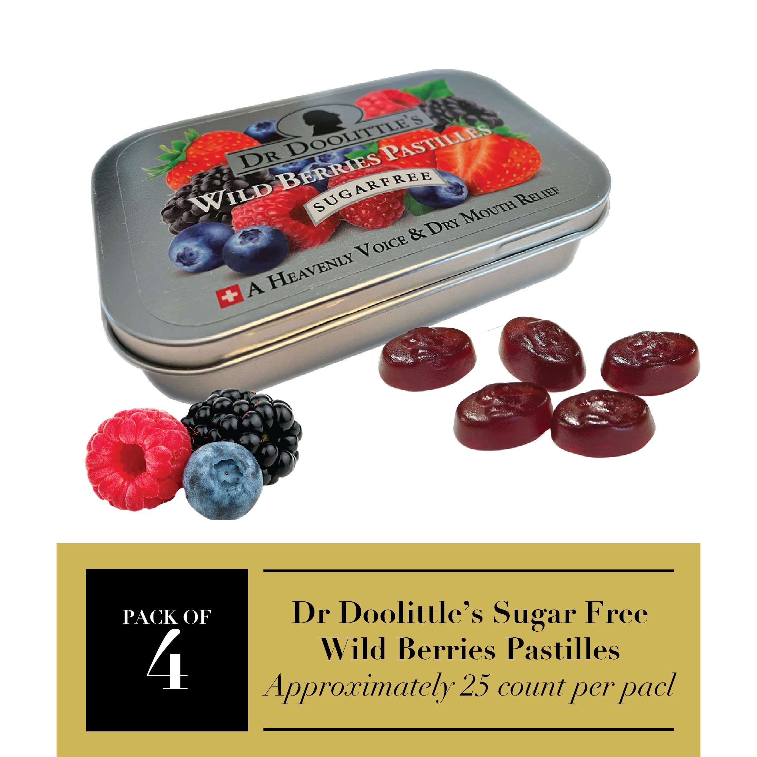 DOOLITTLE Sugar Free Soft Fruit Pastilles for Voice and Throat, Wild Berries Flavor, 2.12 Ounce Tin, Approximately 25 Count Pack