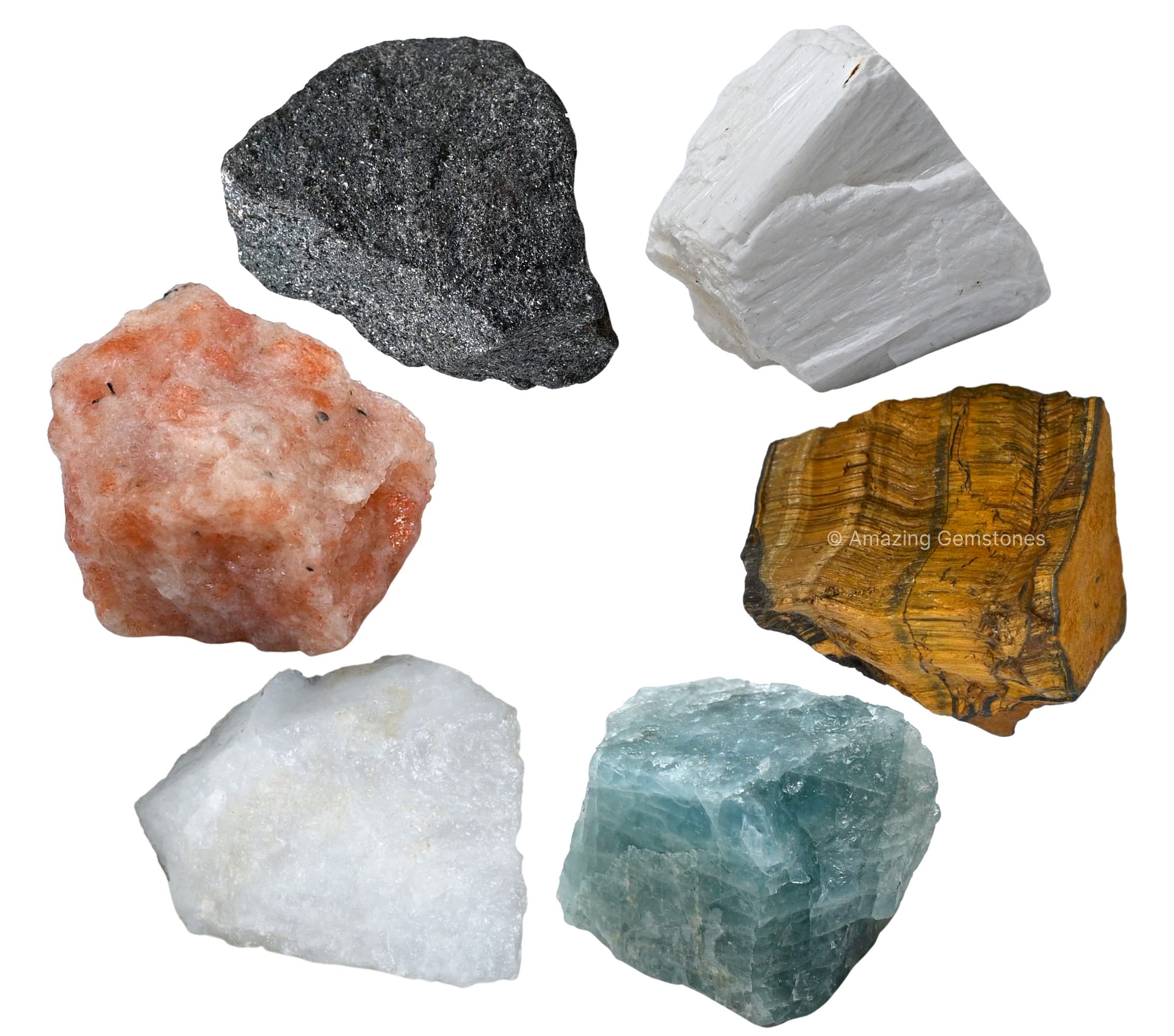 Crystals for Children, Set of 6 Tiger Eye, Aquamarine, Snow Quartz, Hematite, Scolecite and Sunstone Healing Crystals and Stones