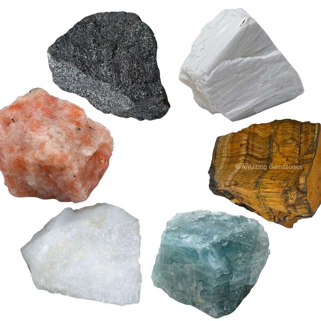 Crystals for Children, Set of 6 Tiger Eye, Aquamarine, Snow Quartz, Hematite, Scolecite and Sunstone Healing Crystals and Stones