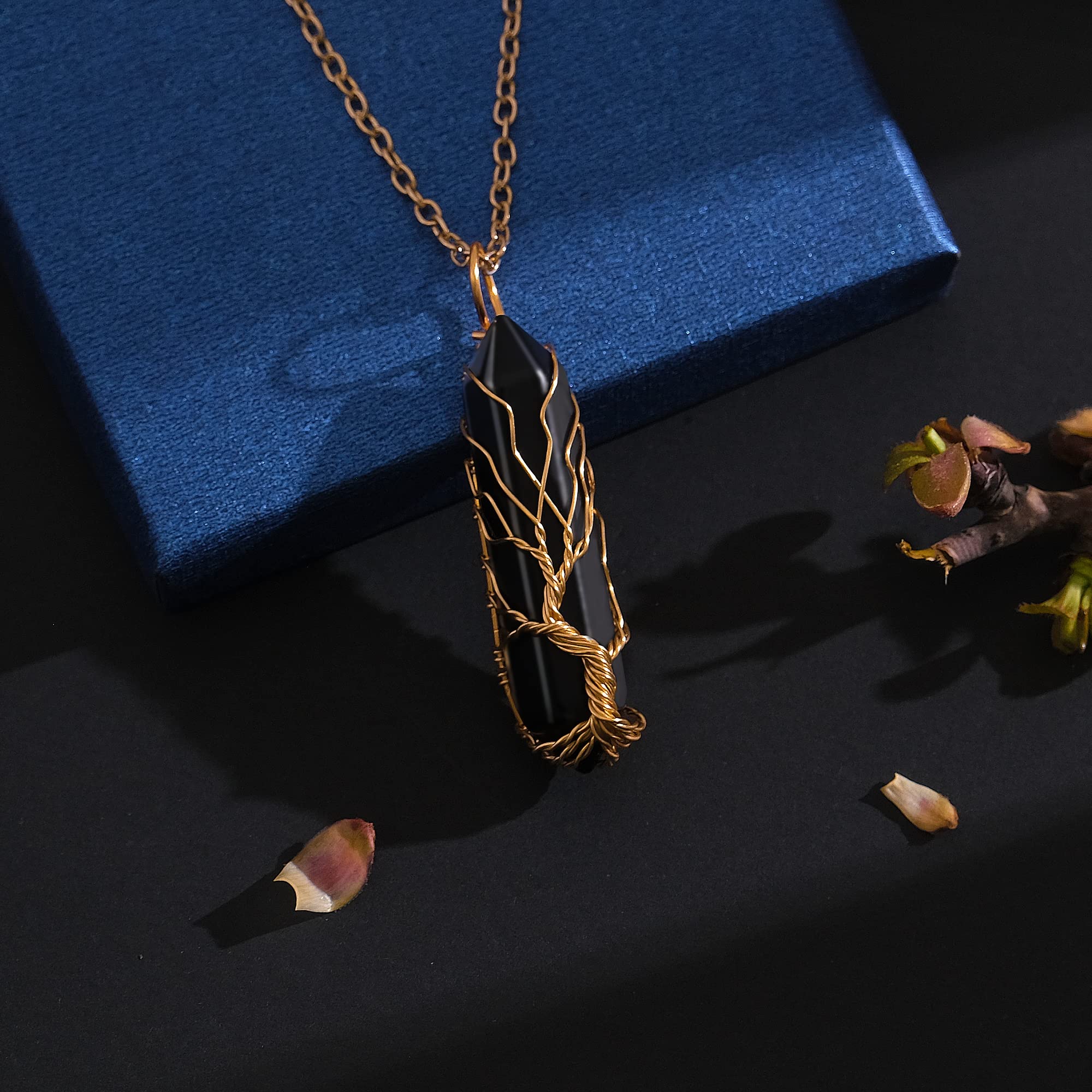 VIBILIA Healing Crystal Necklace Tree of Life Wire Wrapped Black Stone Point Pendant Necklace Hexagonal Reiki Spiritual Jewelry