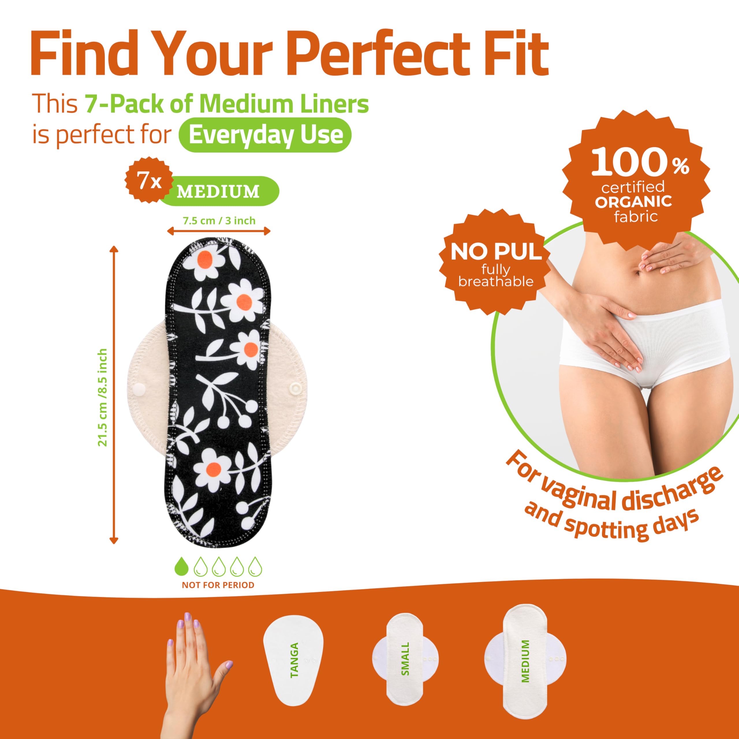 Natissy Cloth Panty Liners for Women- 7-Pack (Small) Viscose Daily Reusable Panty Liners Made in EU; Panty Liners Washable; Extr