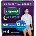 Depend Night Defense Adult Incontinence Underwear for Men, Disposable, Overnight, Small/Medium, Grey, 64 Count (4 Packs of 16), 