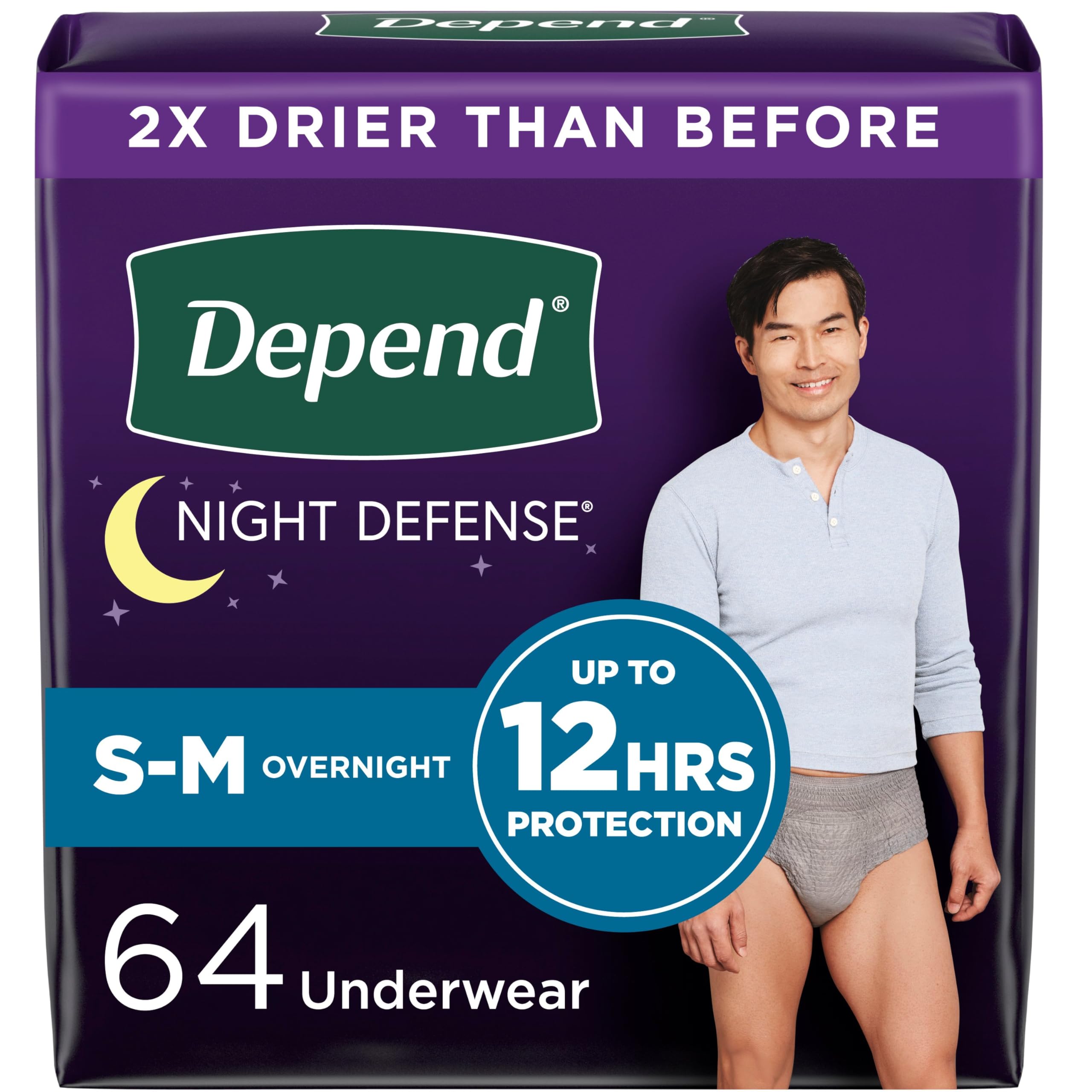 Depend Night Defense Adult Incontinence Underwear for Men, Disposable, Overnight, Small/Medium, Grey, 64 Count (4 Packs of 16), 