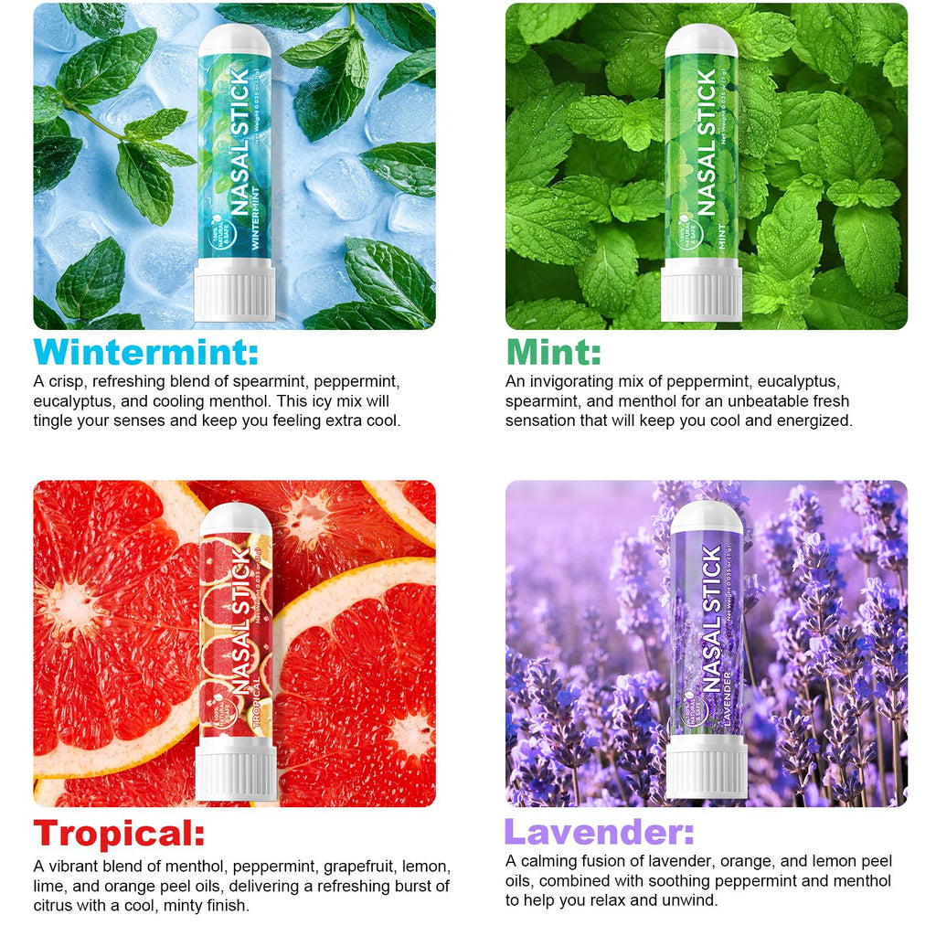 HUALIJIA Nasal Sticks (8 Pack), Nose Inhaler Stick with Essential Oils + Menthol (Mint, Wintermint, Tropical, Lavender) - Enhanc