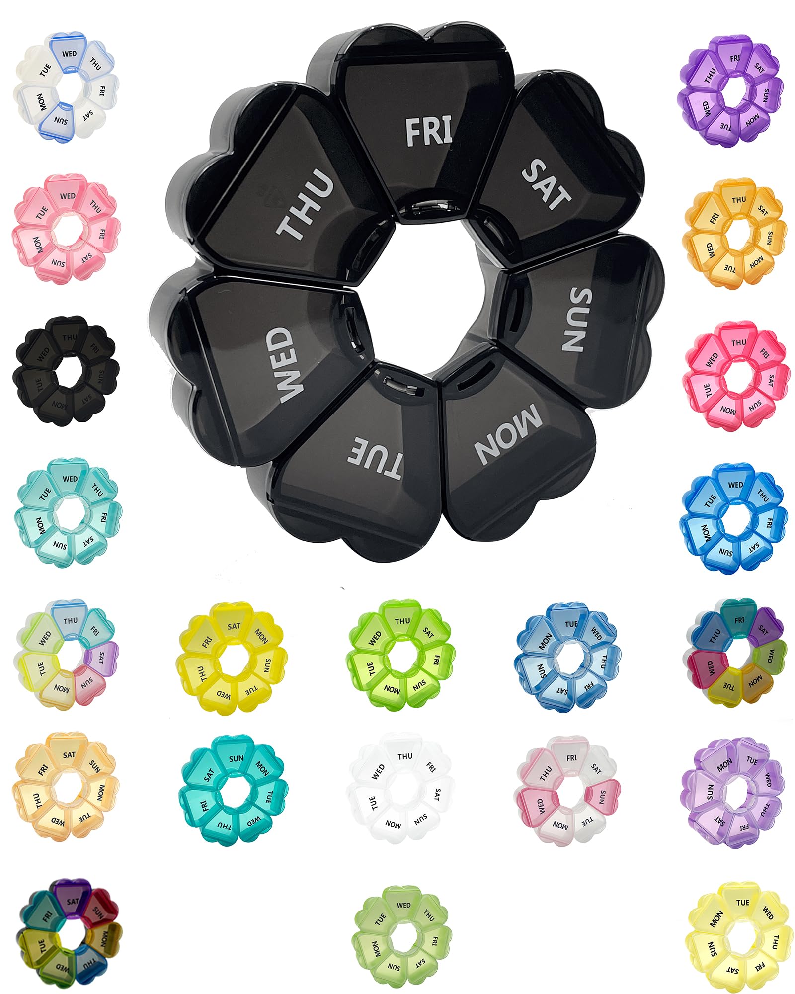 Large Weekly Pill Organizer,7 Day Cute Heart Pill Organizer,Weekly Container for Fish Oil/Medicine/Supplements (Black2)