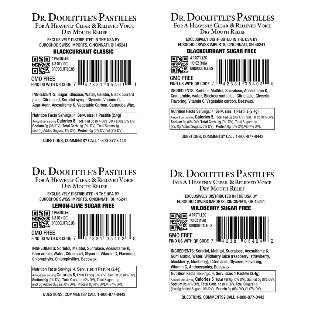 Dr. Doolittles Soft Fruit Pastilles Sugar Free and Classic Variety Pack for Voice and Throat, .33 Ounce Travel Size Bag, Approx