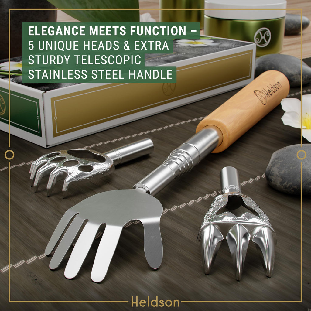 HELDSON Back Scratcher Extendable [5 Scratching Heads] - Retractable Stainless Steel Scratchers - Telescopic Backscratchers for