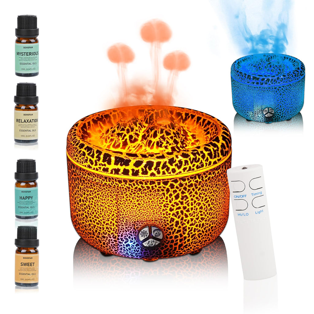 BOHOFAM Essential Oil Diffuser 500ML,Volcano and Flame Diffuser/Humidifier 2 Mode,Three Volcanic Vent Diffusers for Home,Include
