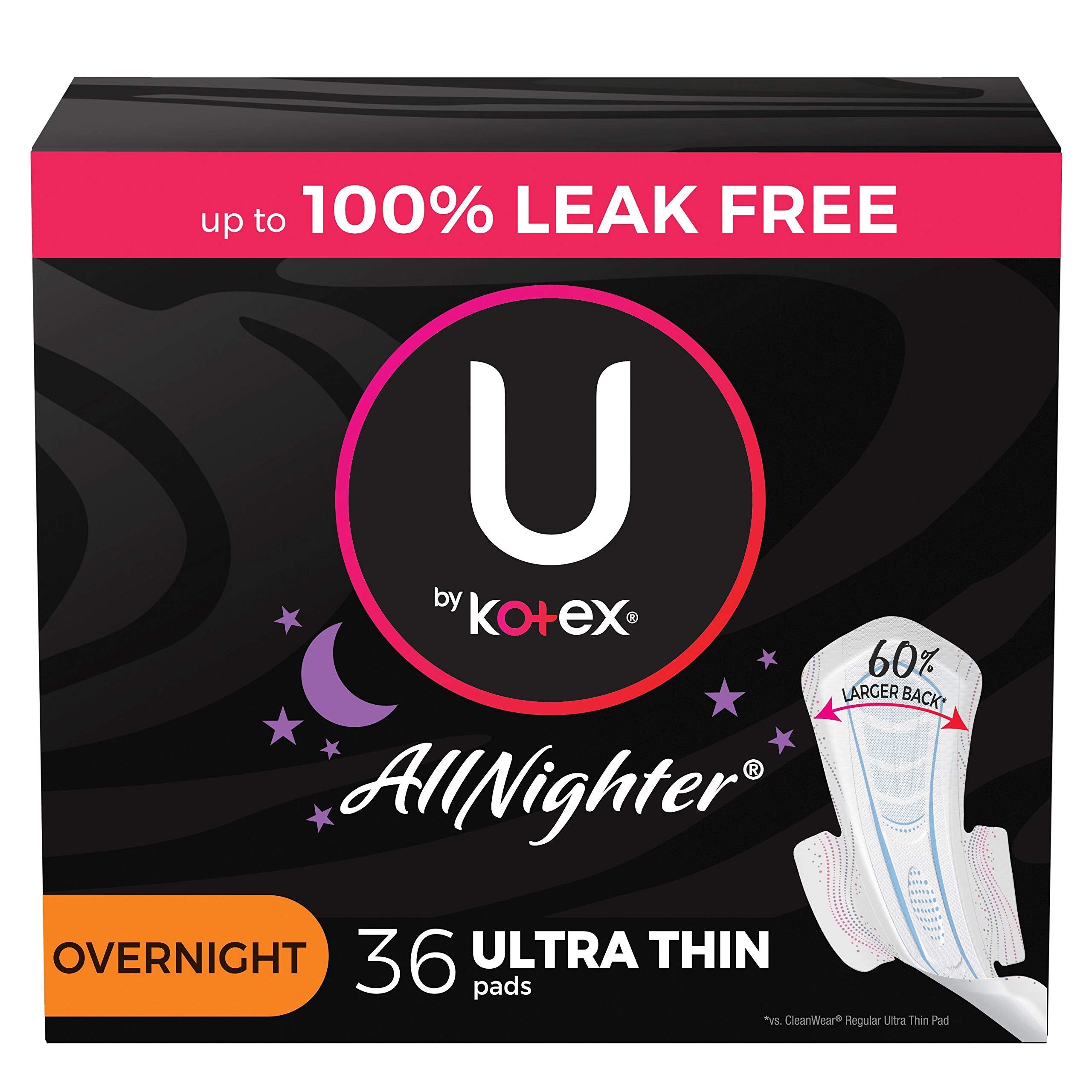 U by Kotex AllNighter Overnight Feminine Pads with Wings, Ultra Thin, 36 Count