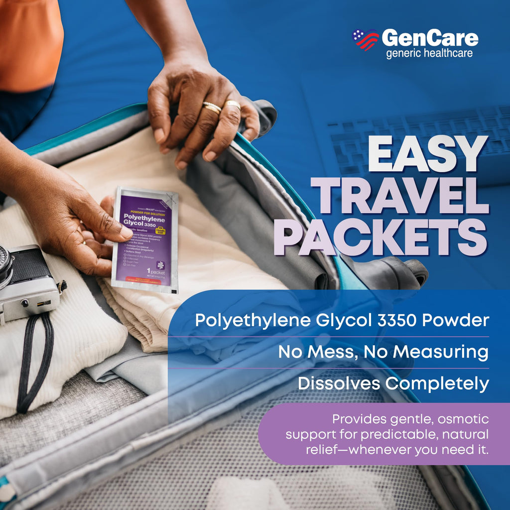 GenCare Polylethylene Glycol 3350 Powder for Solution - 30 Travel Packets - Unflavored Grit-Free Clear PEG 3350 for Occasional C
