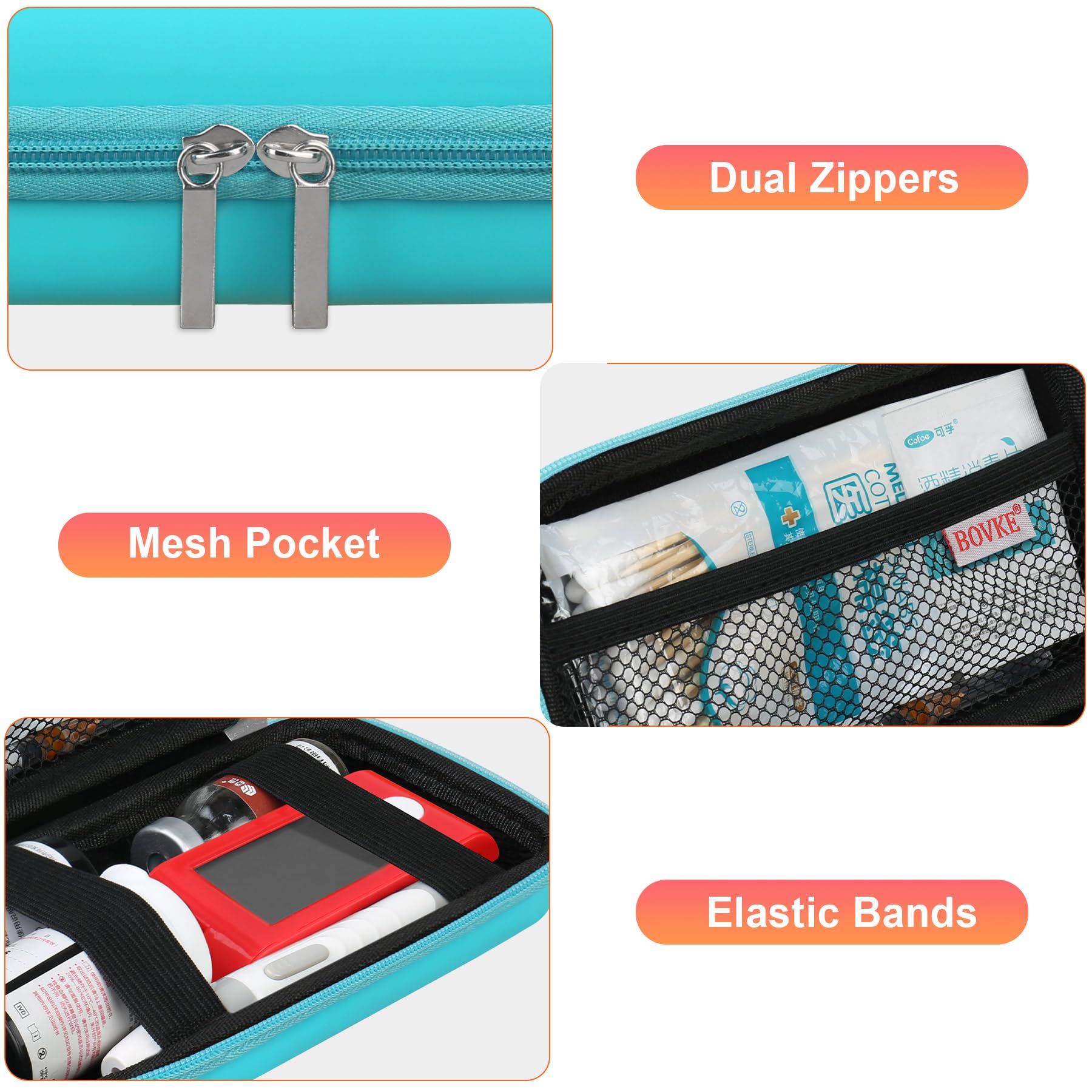 BOVKE Diabetic Supplies Case, Diabetes Travel Bag for Testing Kit, Blood Glucose Monitor Meters, Test Strips, Medication, Lancet