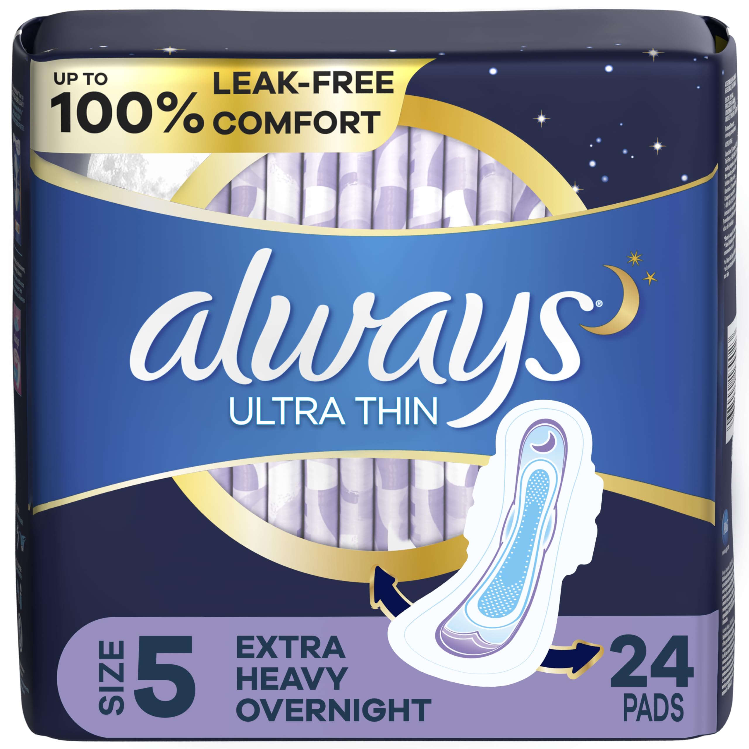 Always Ultra Thin Feminine Pads For Women, Size 5 Extra Heavy Overnight Absorbency, With Wings, Unscented, 24 Count