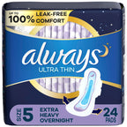 Always Ultra Thin Feminine Pads For Women, Size 5 Extra Heavy Overnight Absorbency, With Wings, Unscented, 24 Count