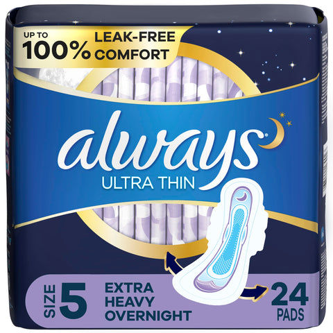 Always Ultra Thin Feminine Pads For Women, Size 5 Extra Heavy Overnight Absorbency, With Wings, Unscented, 24 Count