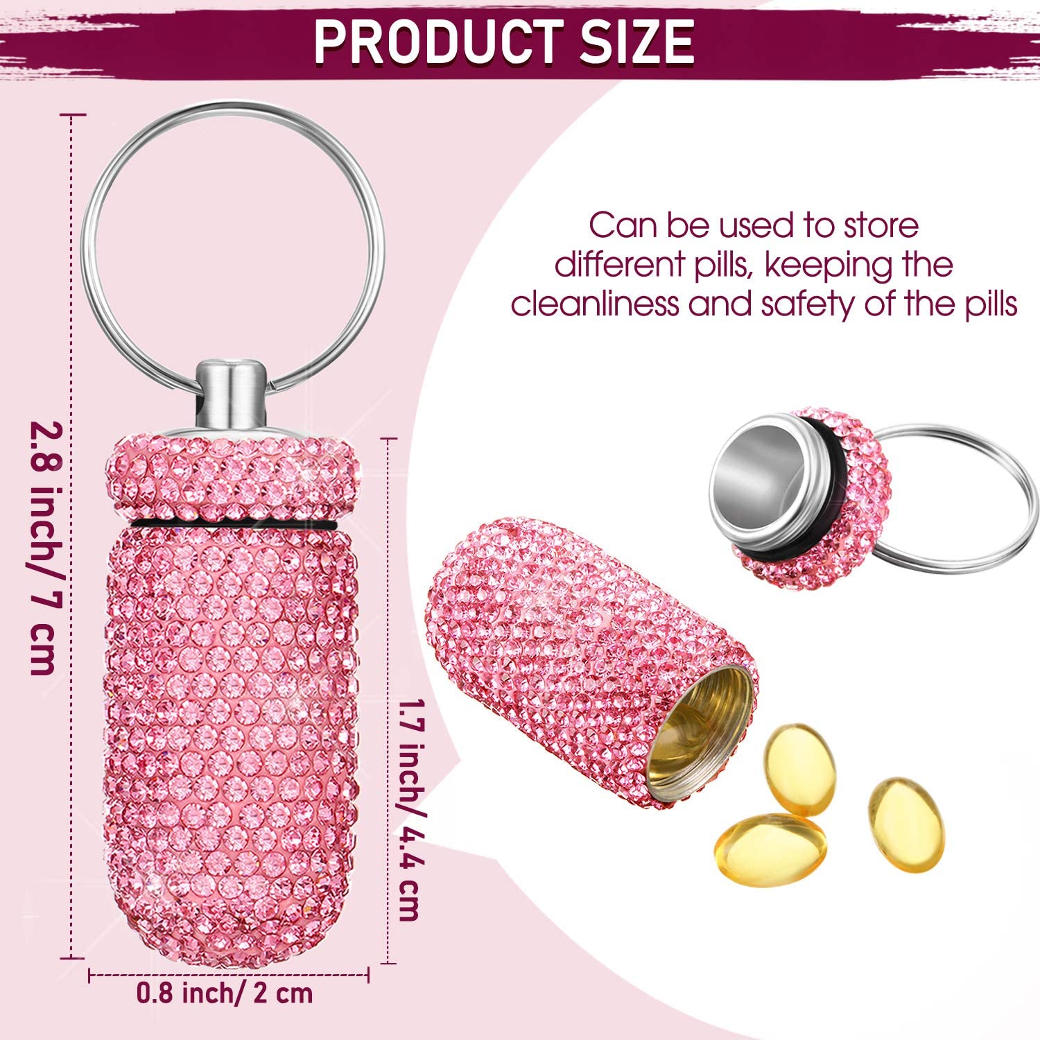 3 Pieces Bling Pill Container Portable Pill Bottle Case Travel Pill Holder Storage with Keychain for Outdoor Camping Traveling (