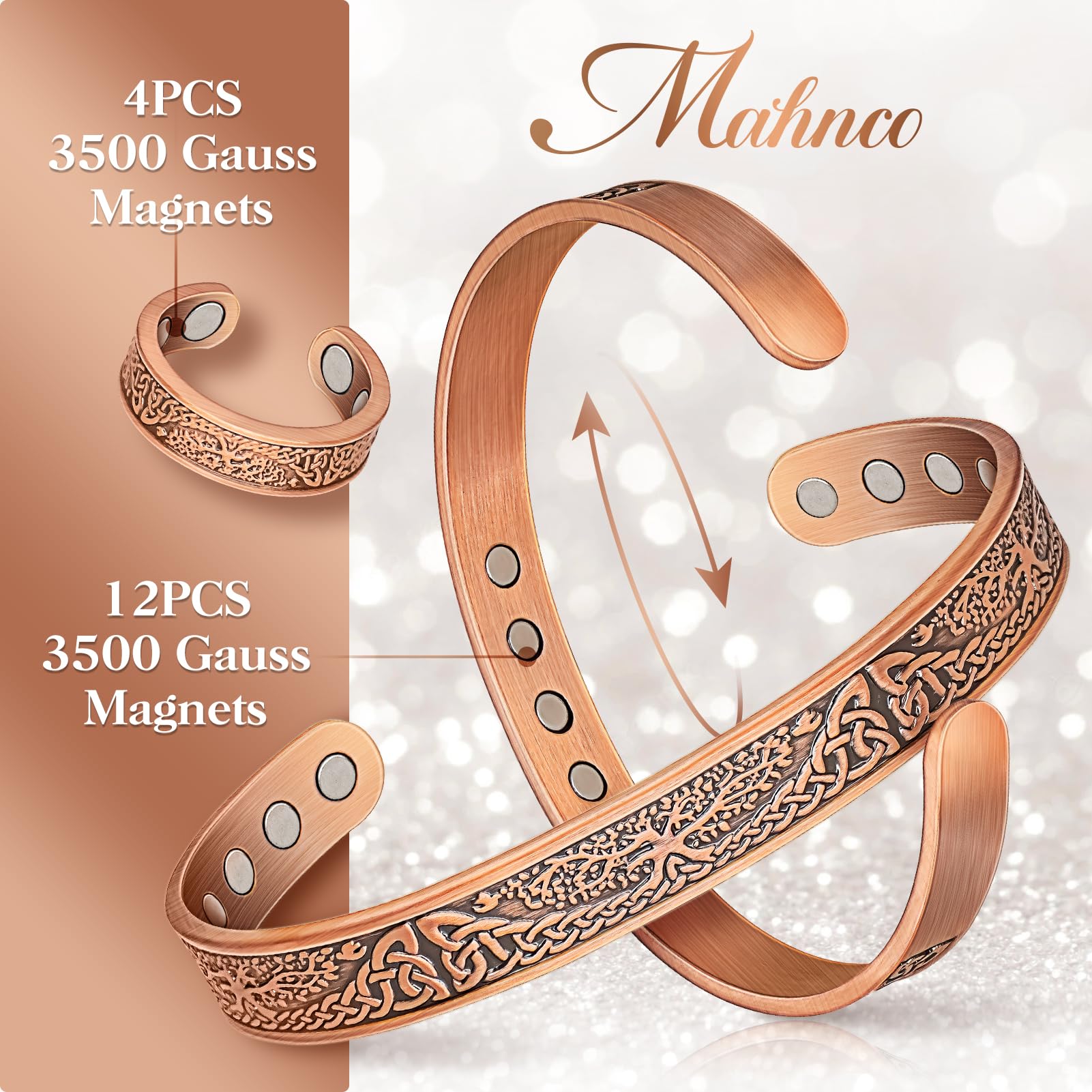 Copper Bracelets for Women & Lymphatic Drainage Ring, Magnetic Lymph Detox Ring and Magnetic Copper Bracelet, 100% Solid Pure Co
