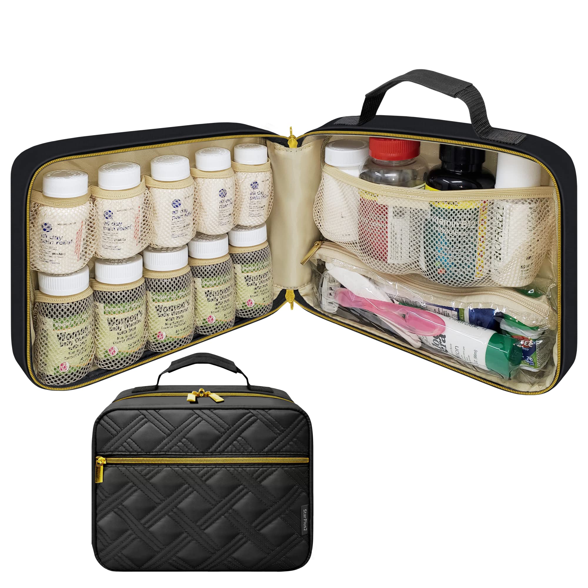 StarPlus2 Large Quilted Pill Bottle Organizer, Medicine Bag, Case, Carrier for Medications, Vitamins, and Medical Supplies - Tra