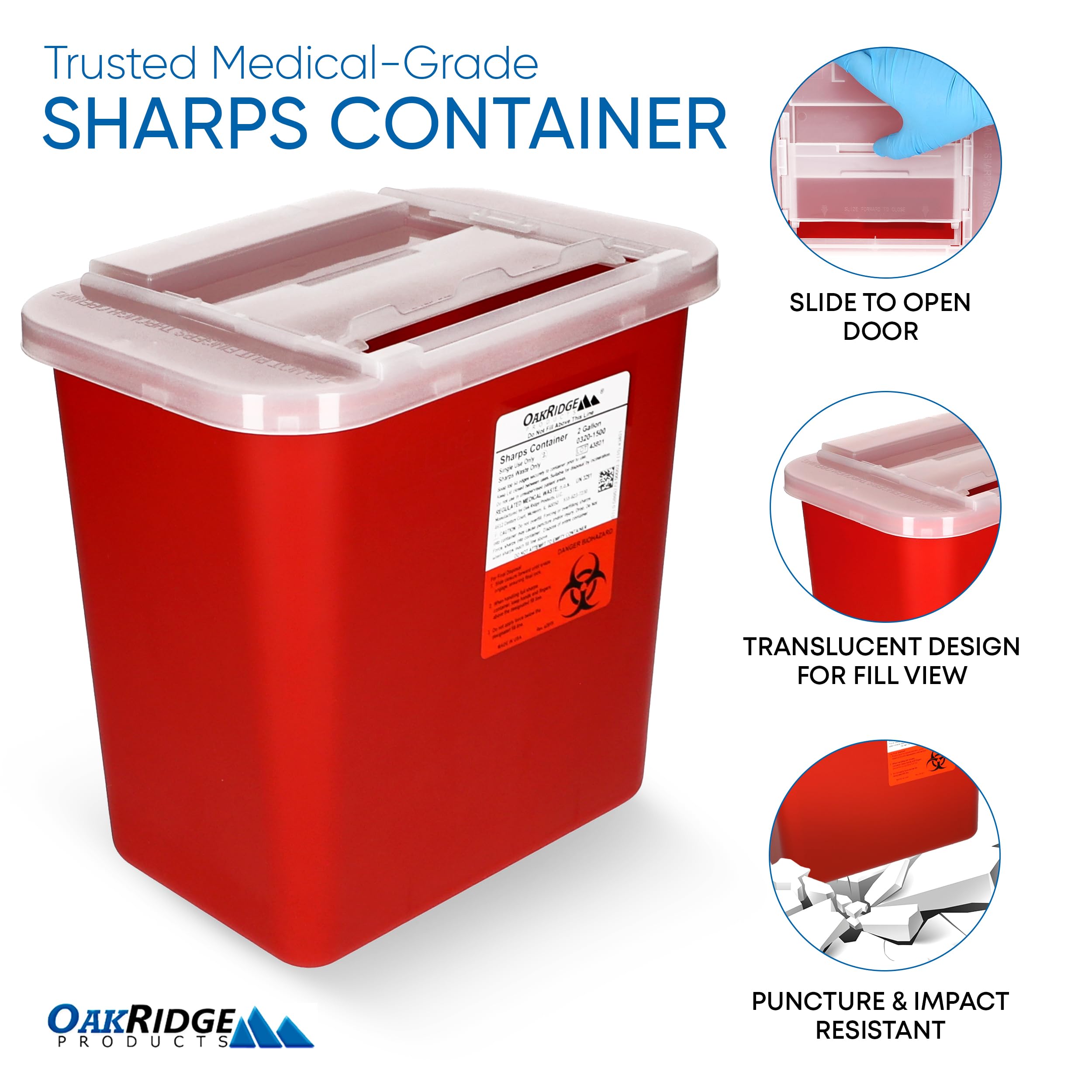 Oakridge Products Large Sharps Container for Home Use and Professional 2 Gallon (3-Pack) with Sliding Top, Biohazard Needle and