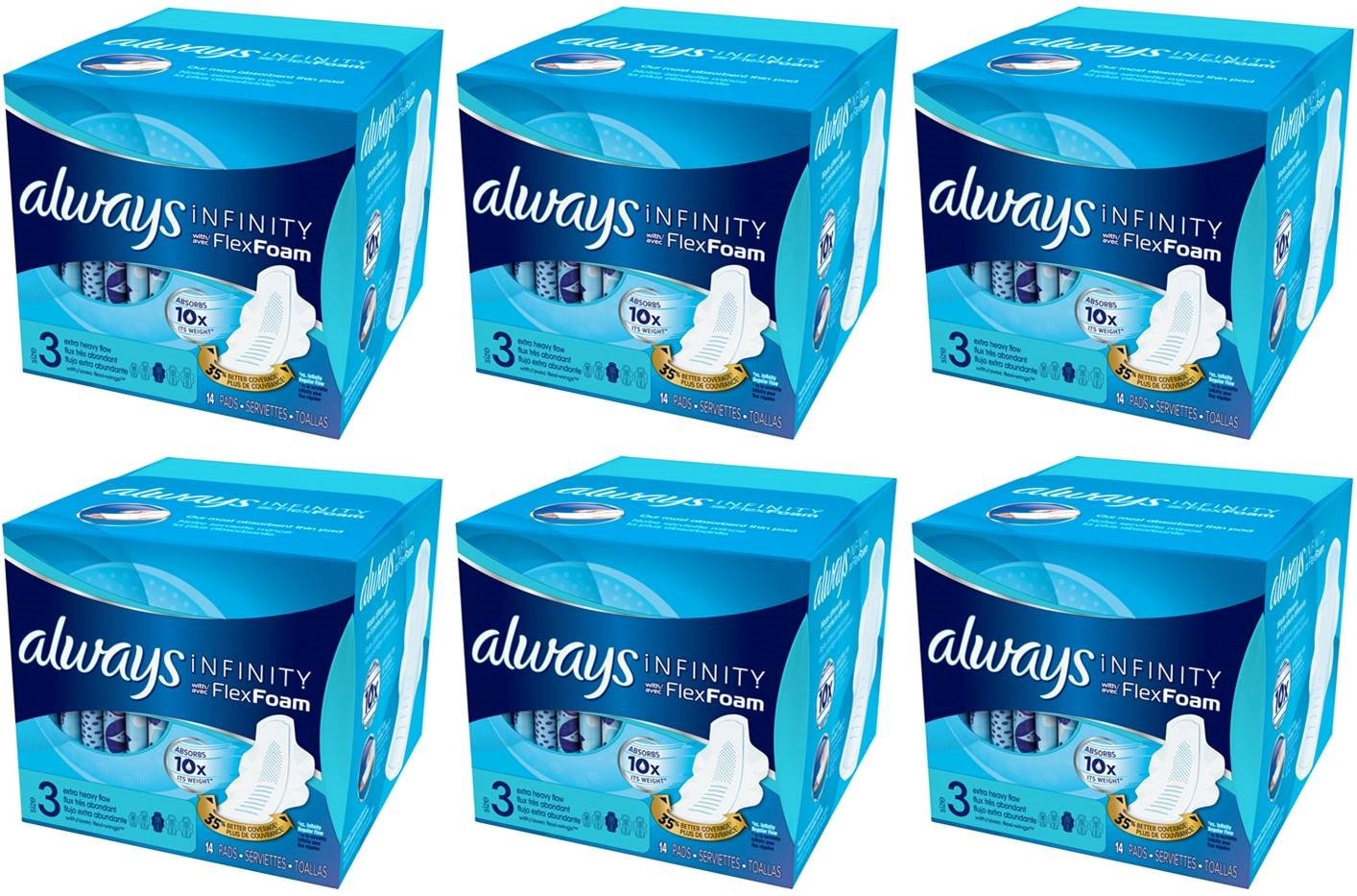 Always Size 3 Extra Heavy Flow Absorbency with Wings Infinity Pads, 14 Count (Pack of 6)