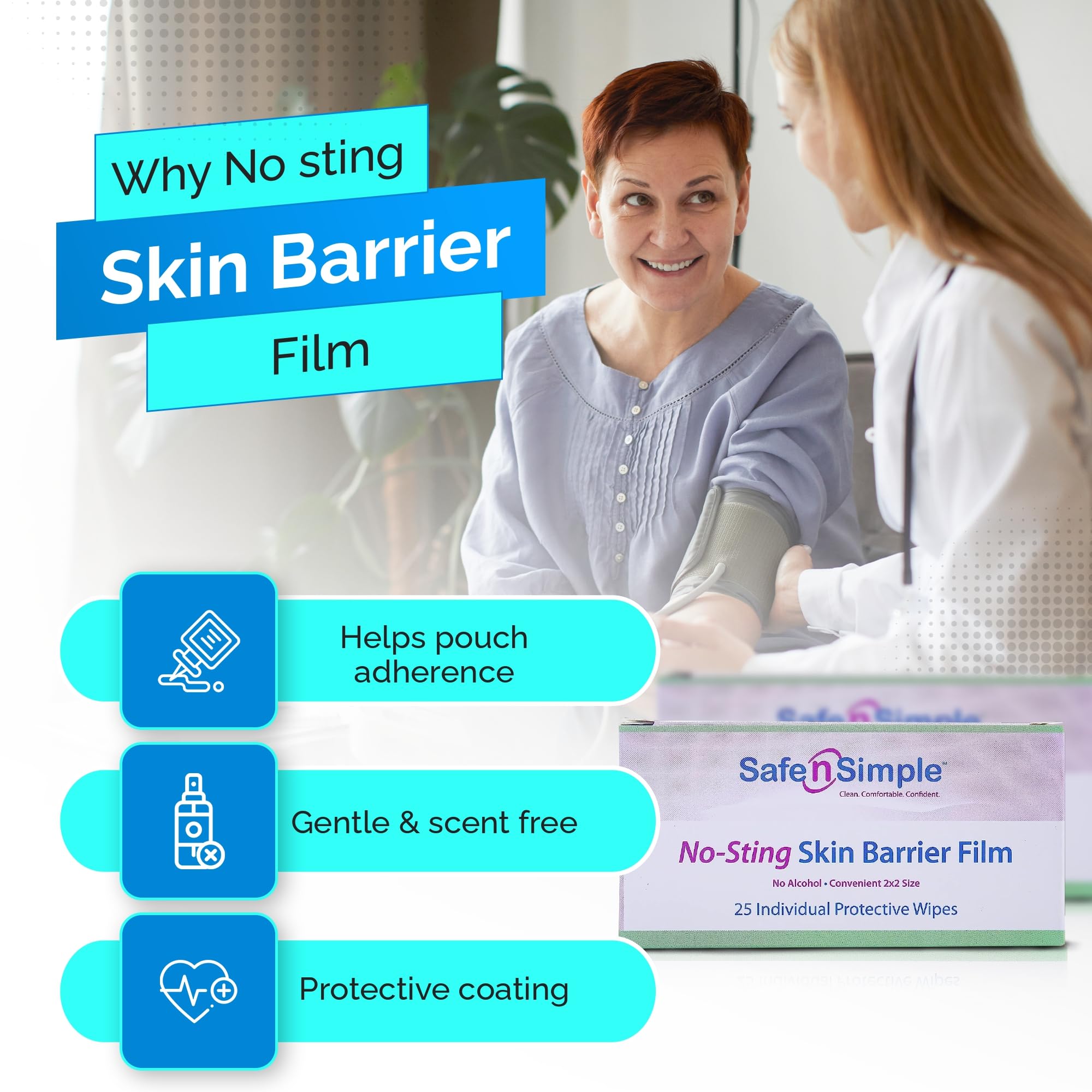 Safe n Simple Skin Barrier Wipes - 25 Large 5    x 7    Individually Wrapped No-Sting Barrier Film Wipes - Skin Prep Protective