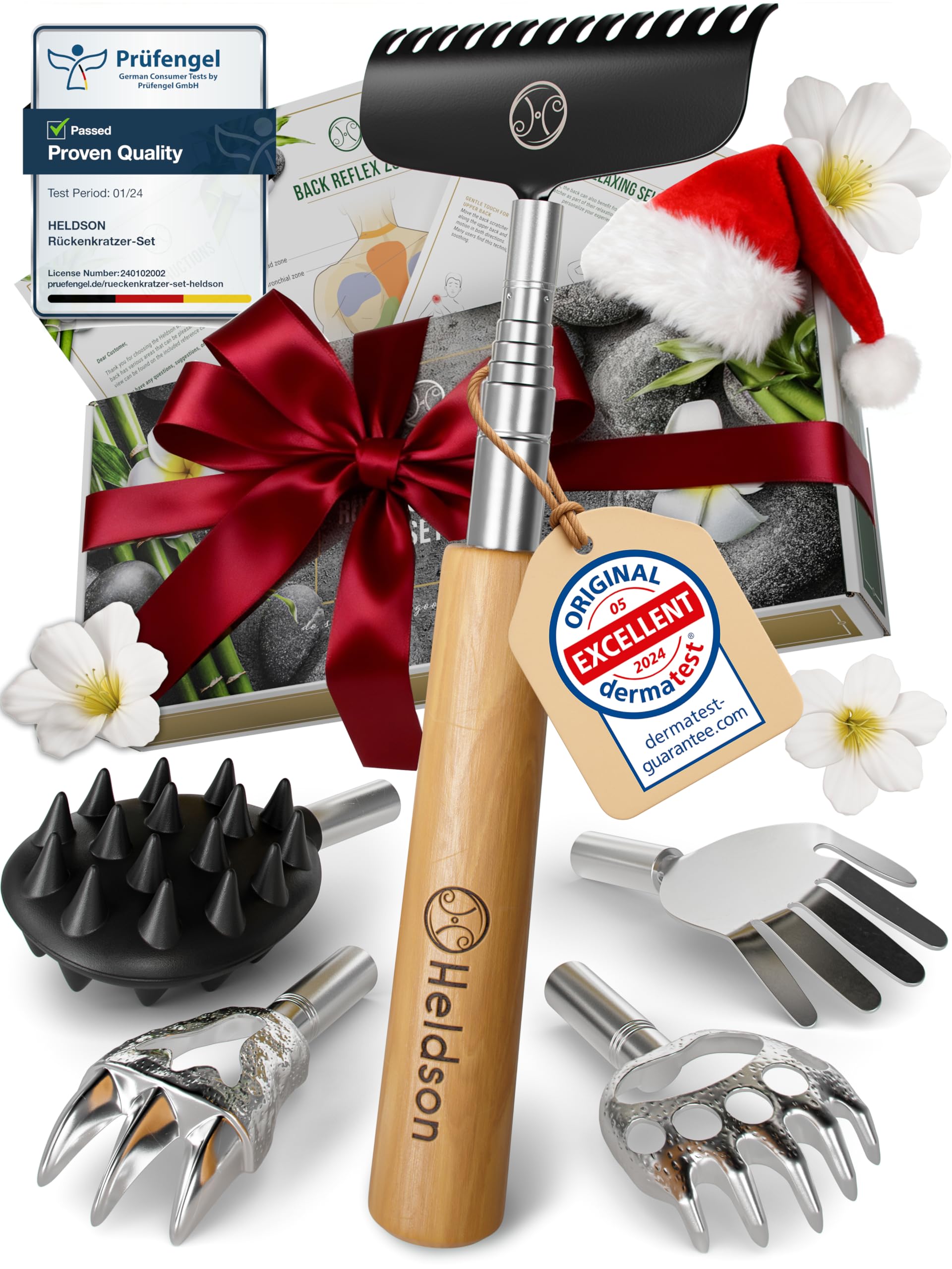 HELDSON Back Scratcher Extendable [5 Scratching Heads] - Retractable Stainless Steel Scratchers - Telescopic Backscratchers for 