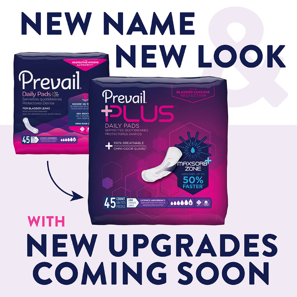 Prevail Plus | Long Length Incontinence Bladder Control Pads | Ultimate Absorbency | 90 Count (2 packs or 45)