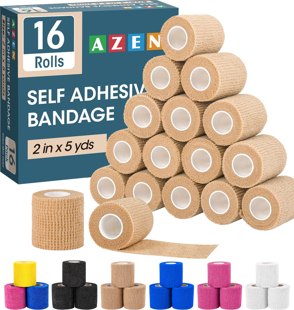 AZEN 16 Pack Self Adhesive Bandage Wrap, 2 X 5 Yards Elastic Cohesive Bandage Wrap, Skin Color Athletic Tape, Vet Wrap, Ankle Ta