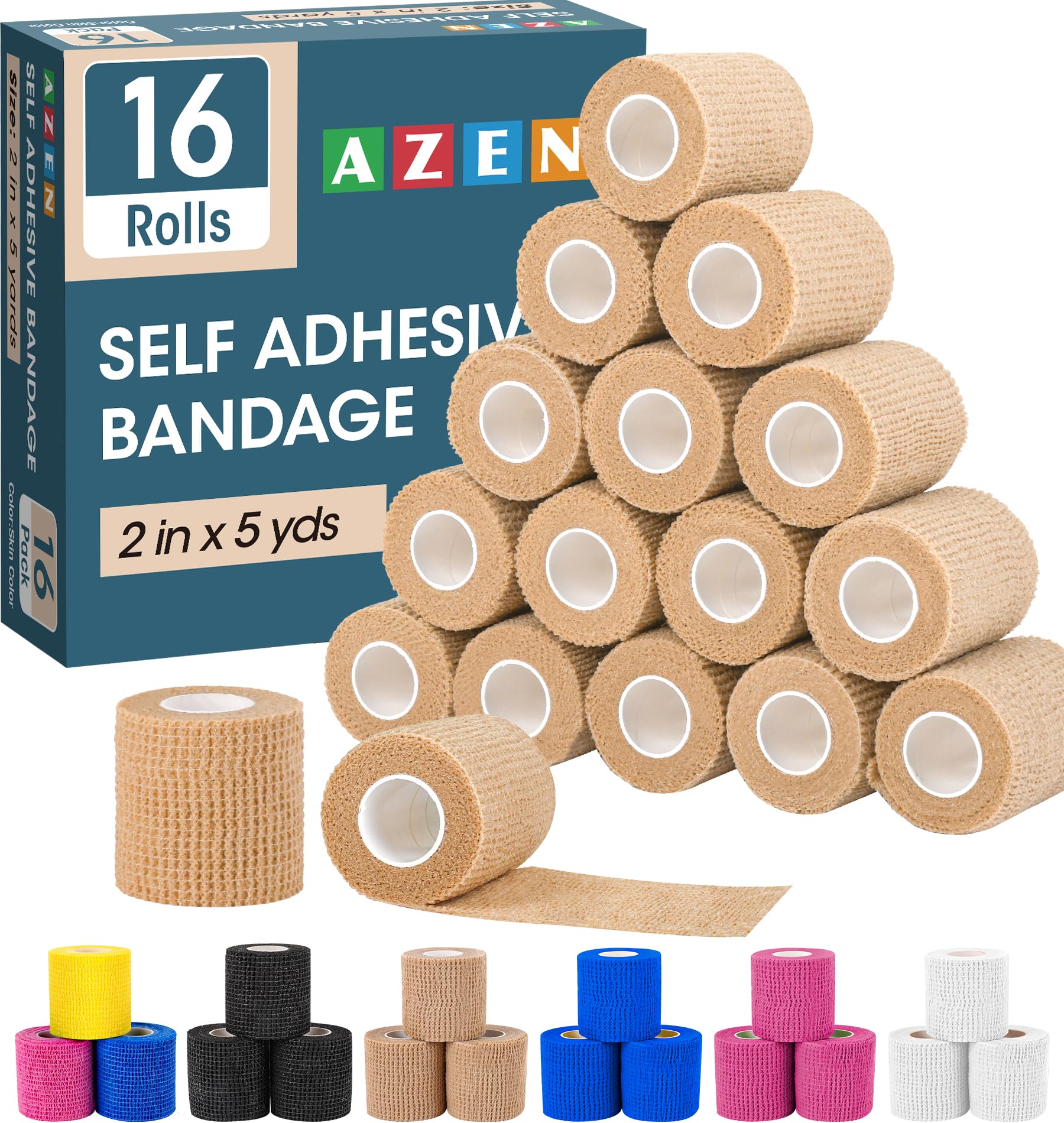AZEN 16 Pack Self Adhesive Bandage Wrap, 2 X 5 Yards Elastic Cohesive Bandage Wrap, Skin Color Athletic Tape, Vet Wrap, Ankle Ta