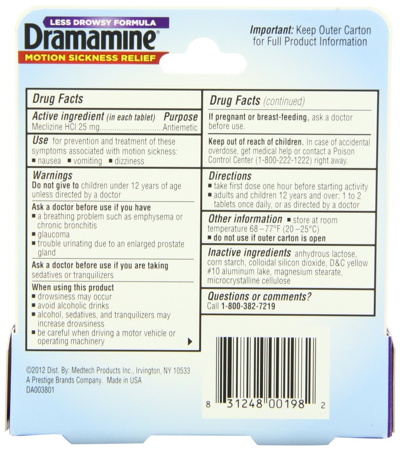 Dramamine Less Drwsy Tab Size 8 Ct Dramamine Less Drwsy Tab New 8