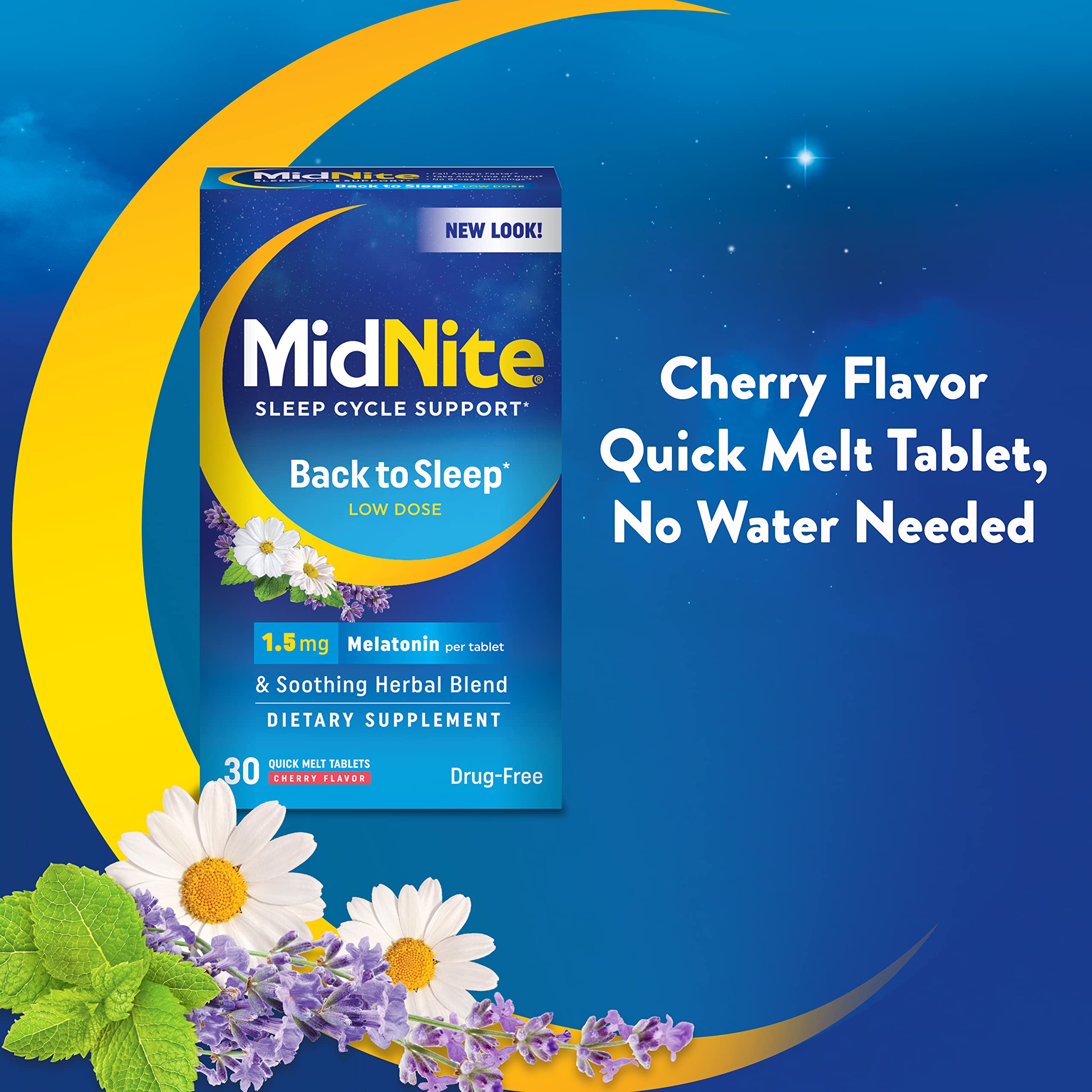 MidNite Back to Sleep Low Dose, 1.5 mg Melatonin Sleep Aid, Non-Habit Forming, Herbal Dietary Supplement for Adults, Drug-Free,