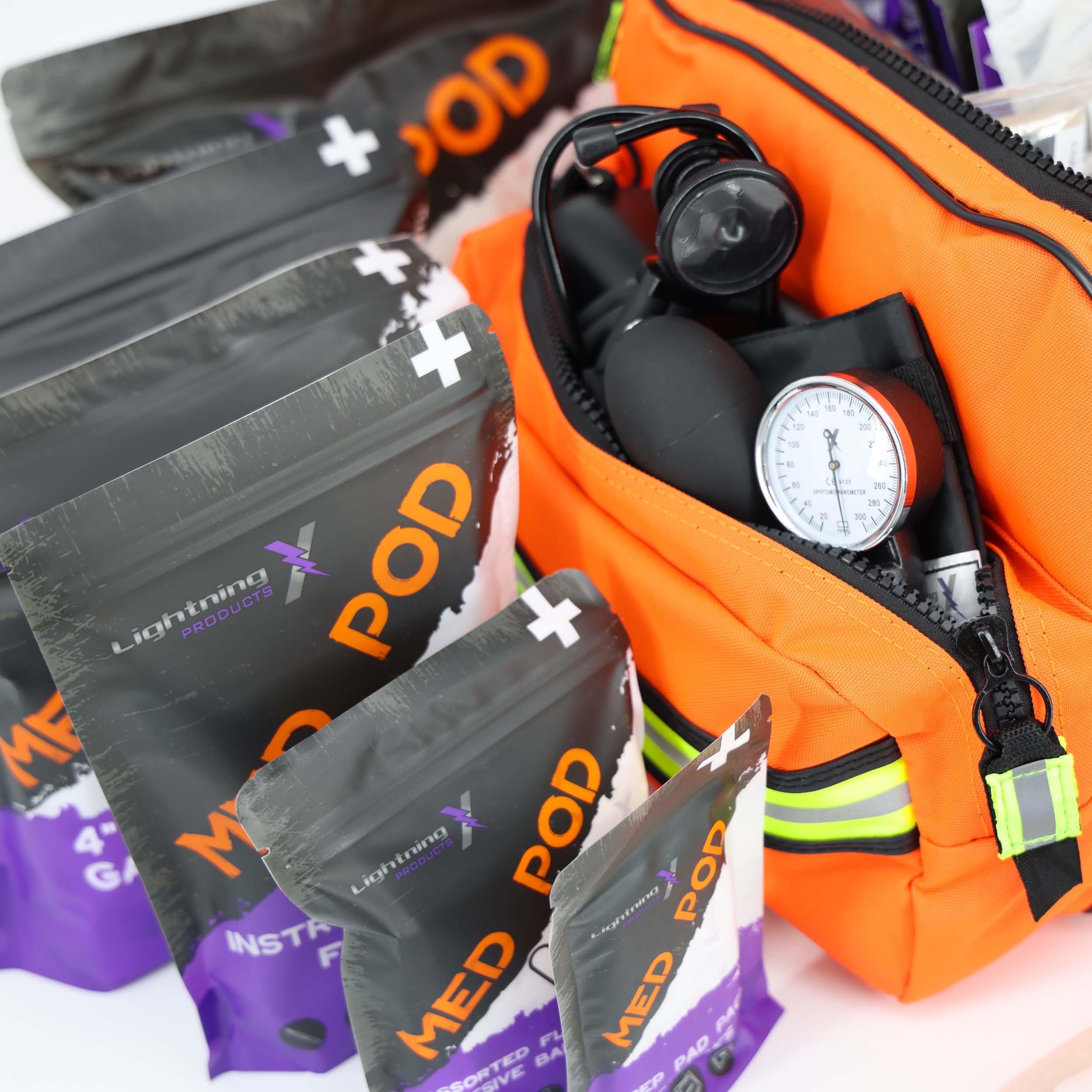 Lightning X Pre-Stocked EMS/EMT Trauma Kit w/Large First Responder Bag & 256 First Aid Medical Supplies - Orange